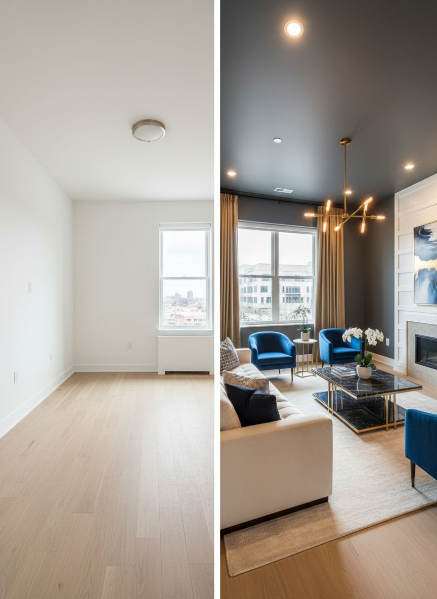Before and after interior design transformation powered by Deqor AI