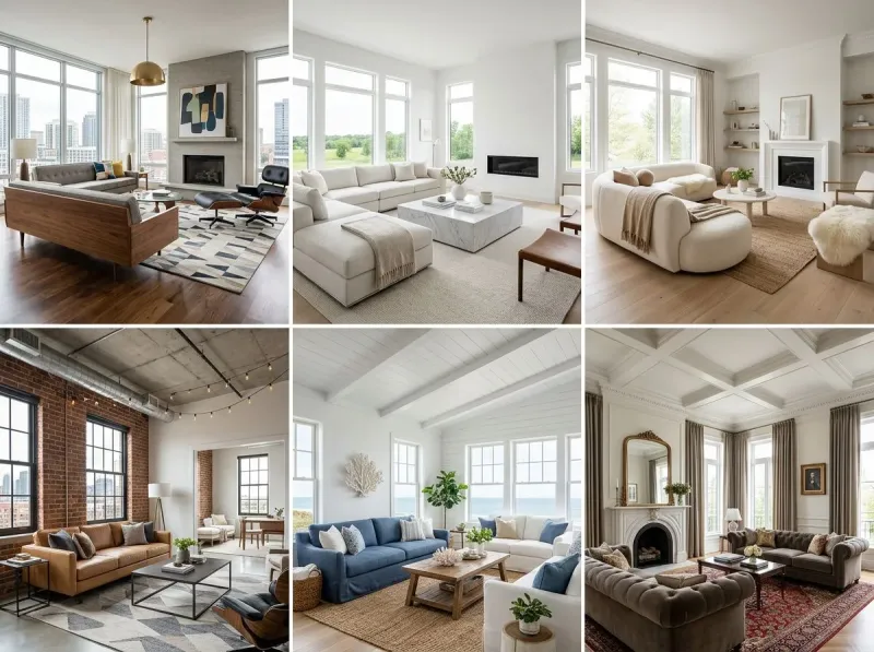 Multiple AI interior design variations - Deqor design directions by Jane Davies, interior designer