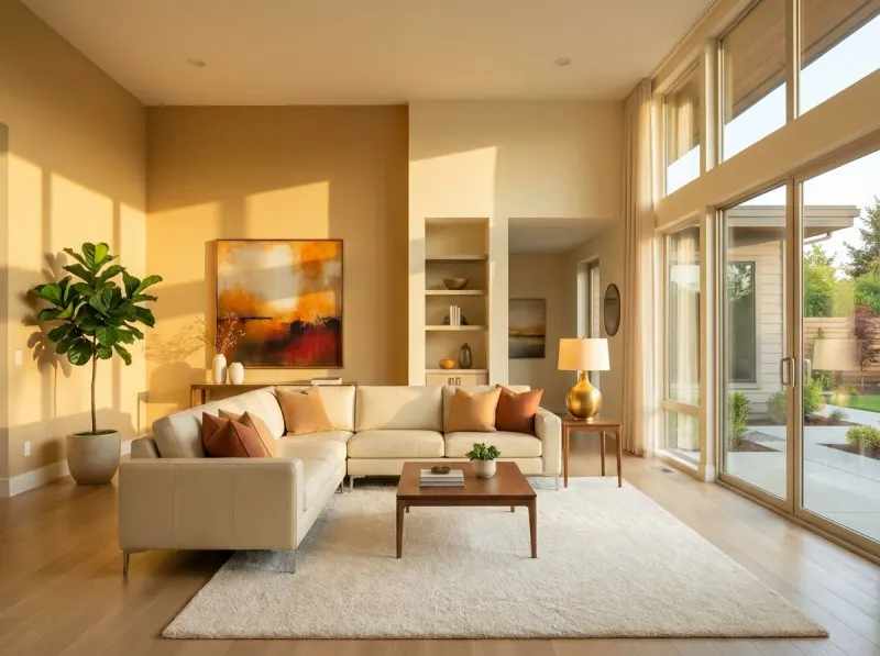 AI-redesigned living room with warm tones - Deqor interior design transformation by Sarah Thompson