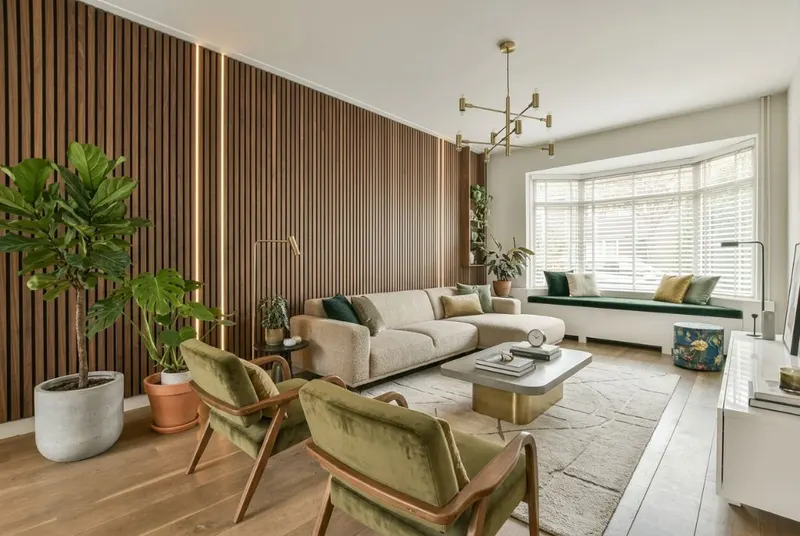 AI redesigned Modern Living Room with Wood Slats by Deqor